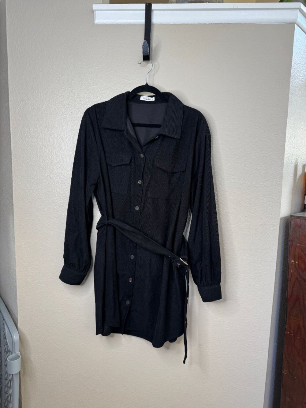 Paintcolors Womens Button-Up Shirt Dress Belt Black Corduroy XL Long Sleeve